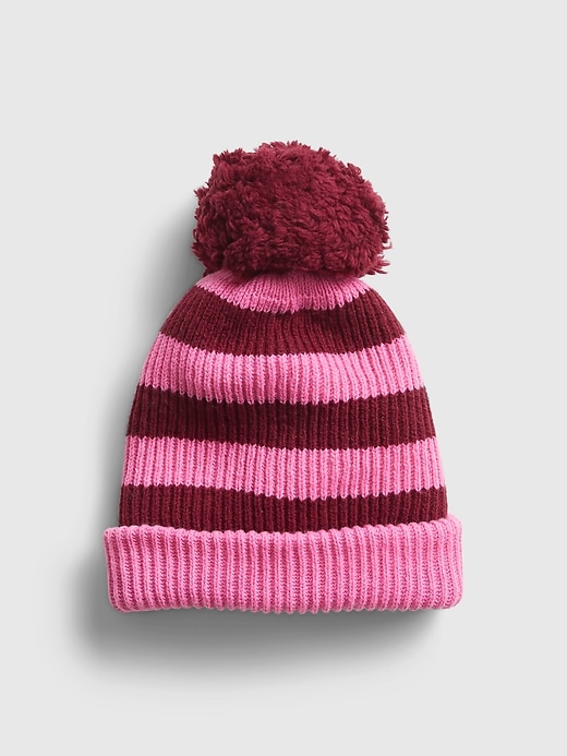 1 of 8 showing, with the color burgundy purple & pink stripe of product Reversible Pom Beanie