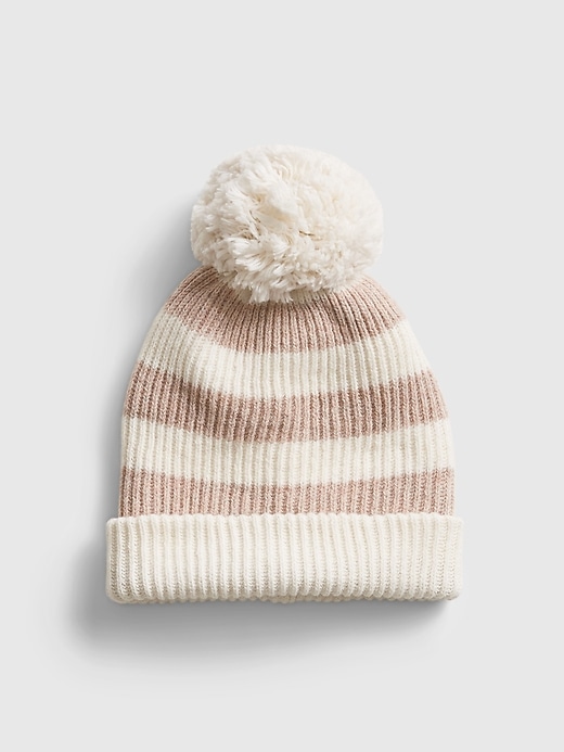 1 of 8 showing, with the color ivory & taupe beige stripe of product Reversible Pom Beanie