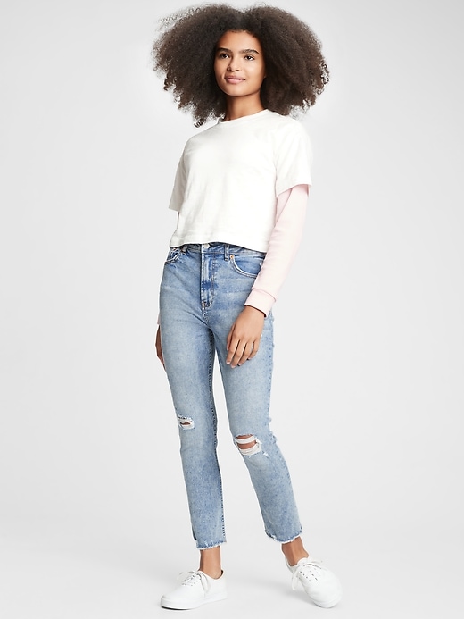 1 of 8 showing, with the color medium wash of product Teen Destructed Sky High Rise Skinny Ankle Jeans with Stretch