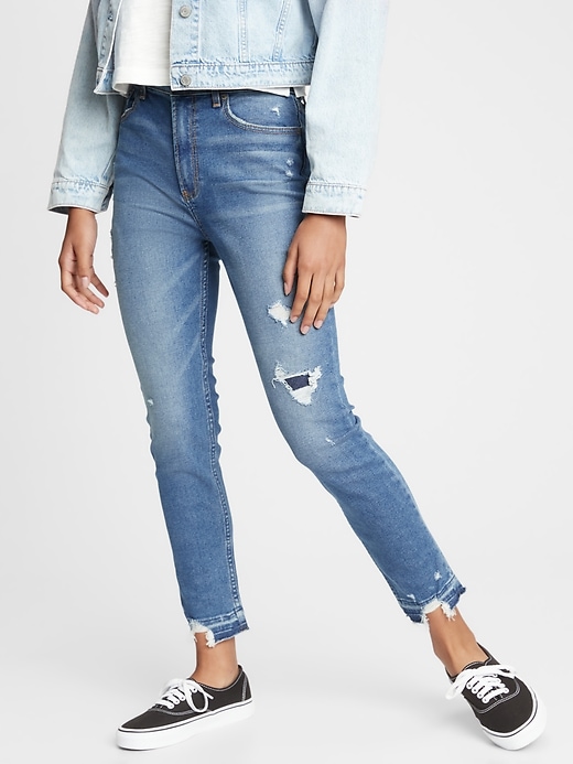 1 of 8 showing, with the color medium wash of product Teen Destructed Sky High Rise Skinny Ankle Jeans with Stretch