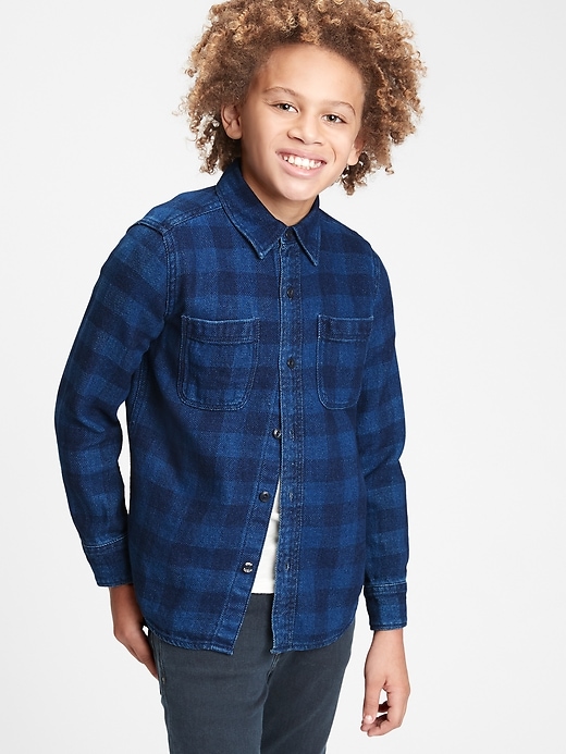 2 of 8 showing, with the color indigo buffalo check of product Kids Plaid Denim Shirt