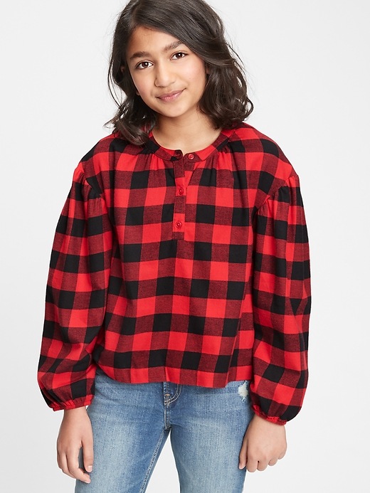 Image number 2 showing, Kids Plaid Puff Sleeve Henley Shirt