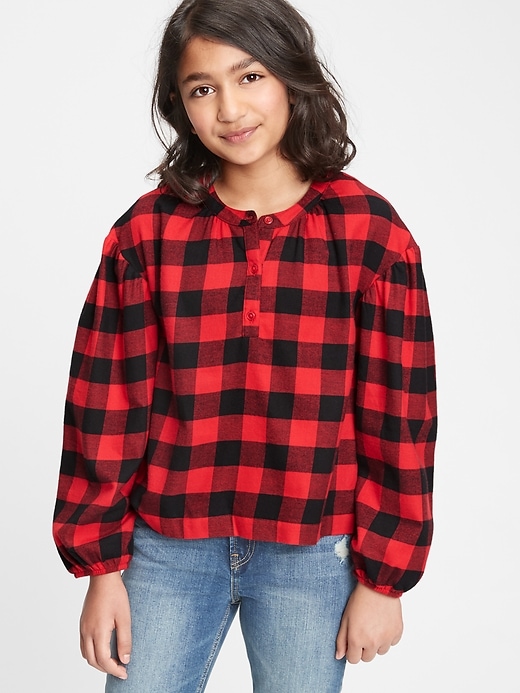 2 of 8 showing, with the color modern red of product Kids Plaid Puff Sleeve Henley Shirt