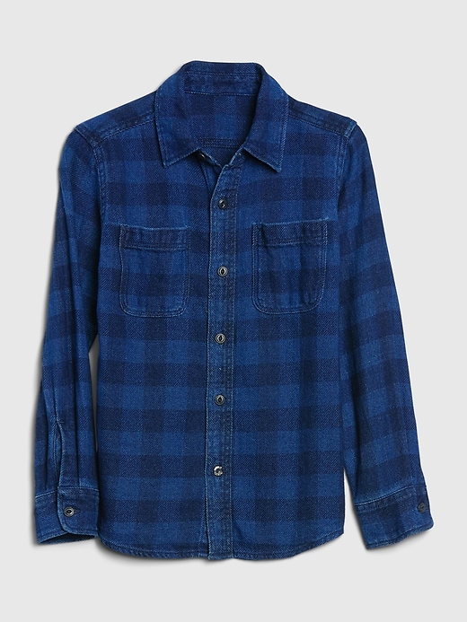 1 of 8 showing, with the color indigo buffalo check of product Kids Plaid Denim Shirt