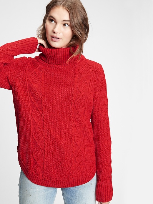 1 of 8 showing, with the color modern red of product Cable Knit Turtleneck Sweater