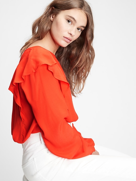 1 of 8 showing, with the color vermillion red of product Ruffle Shoulder Top