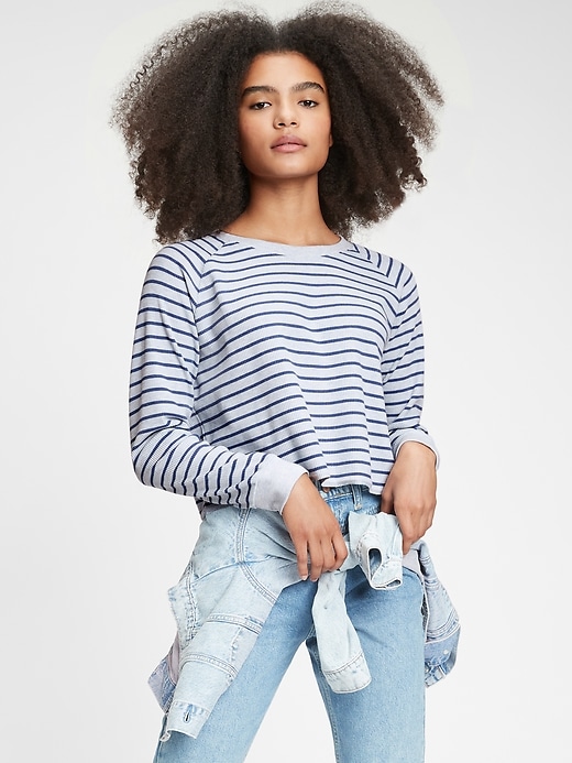1 of 8 showing, with the color navy grey stripe of product Teen Cropped Waffle-Knit Shirt