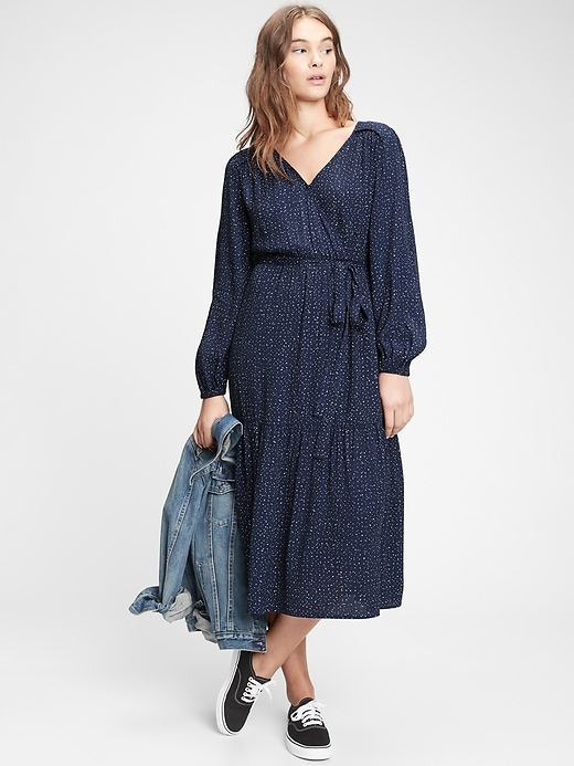 1 of 8 showing, with the color navy blue scatter dot of product Wrap-Front Midi Dress