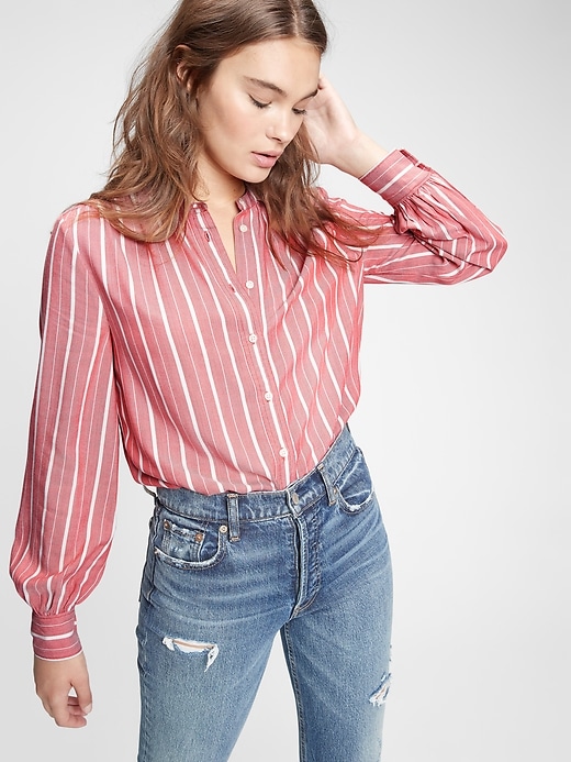 1 of 8 showing, with the color red & white stripe of product Shirred Button-Front Top