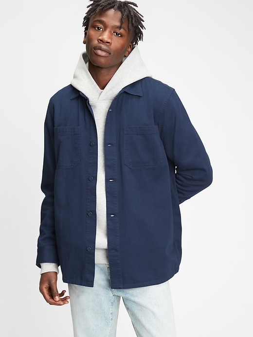 1 of 8 showing, with the color elysian blue of product Twill Shirt Jacket