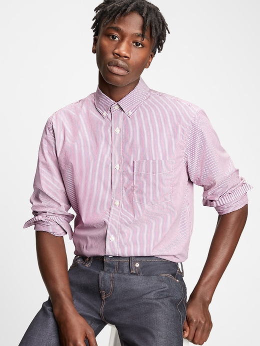 1 of 8 showing, with the color pure red stripe of product Performance Poplin Shirt
