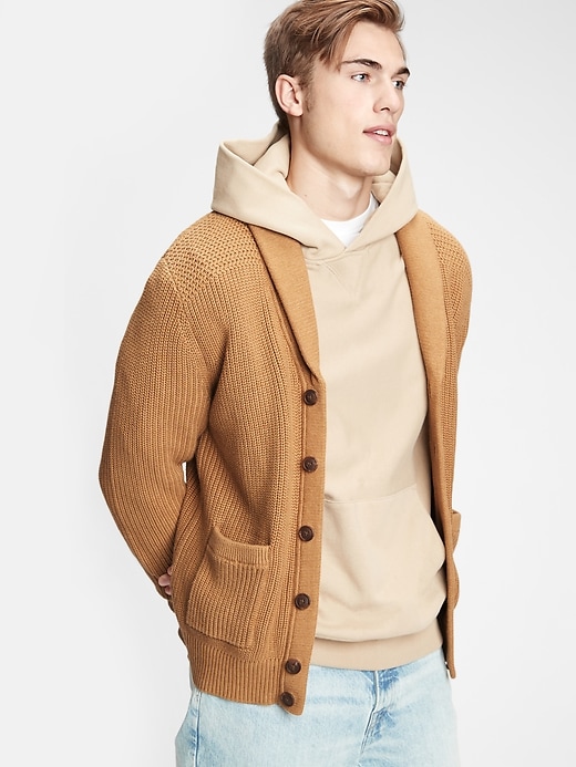 1 of 8 showing, with the color fall acorn brown of product Ribbed Shawl Cardigan