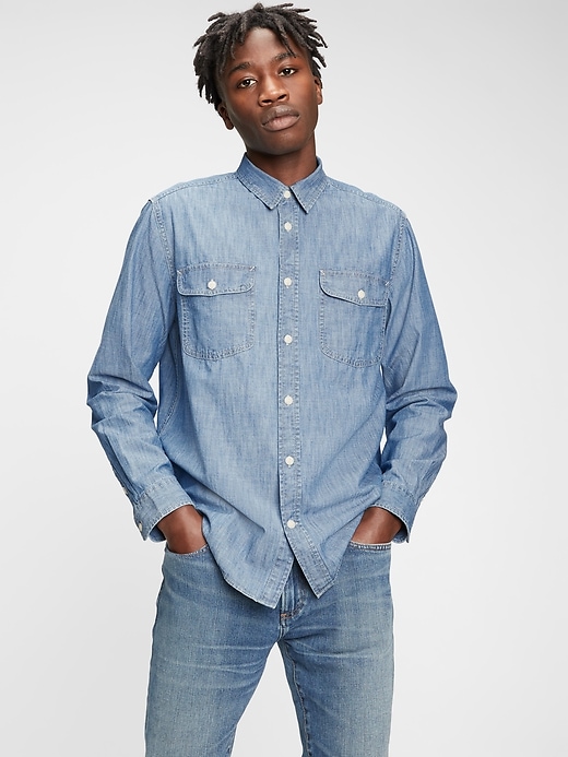1 of 8 showing, with the color chambray of product Workforce Collection Denim Chambray Shirt