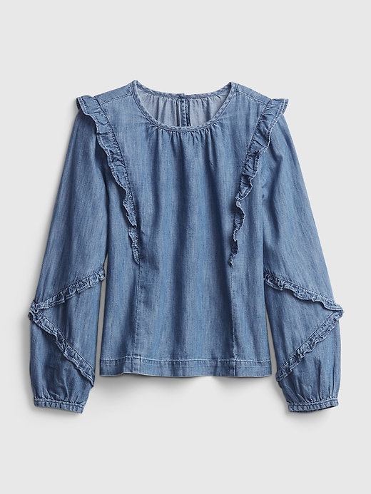 1 of 8 showing, with the color medium wash of product Kids Denim Ruffle Shirt