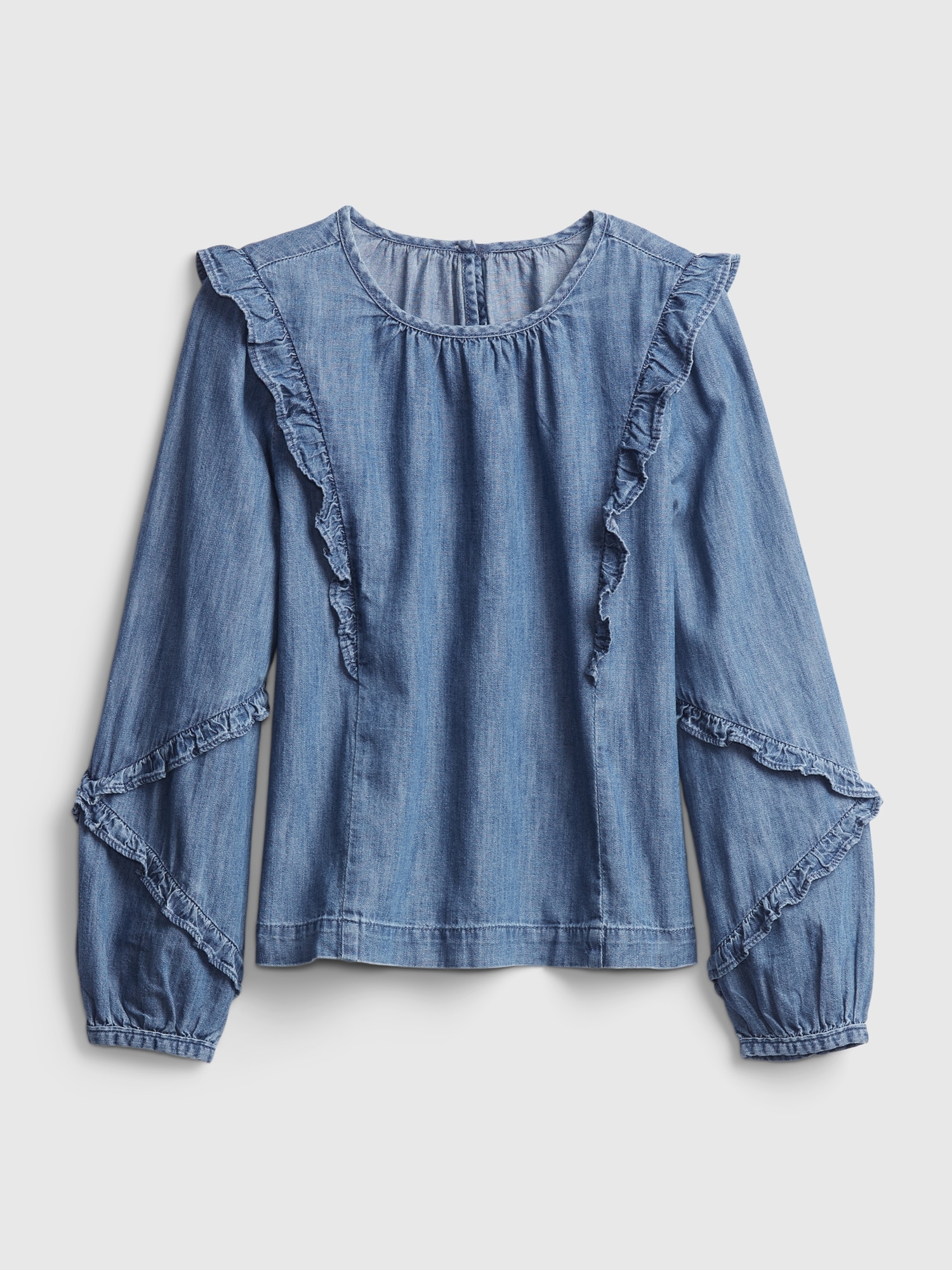 blue jean ruffle shirt