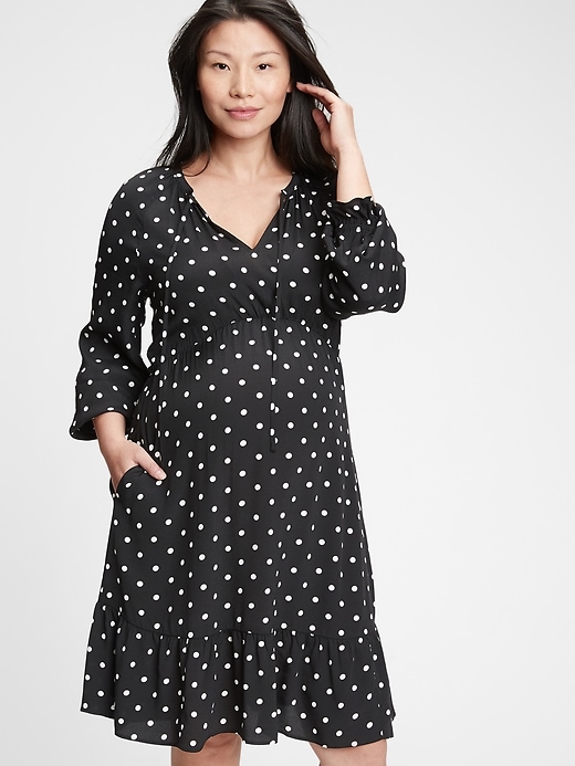 1 of 8 showing, with the color black dots of product Maternity Tie-Neck Raglan Dress