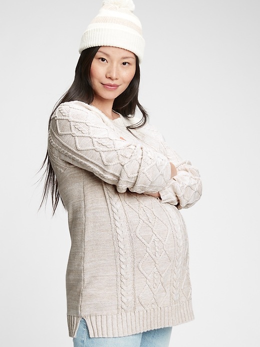1 of 8 showing, with the color oat heather of product Maternity Cable Knit Crewneck Sweater