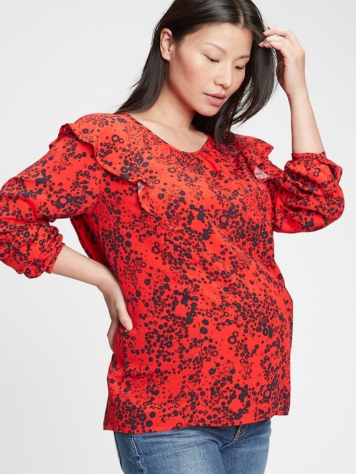 1 of 8 showing, with the color red floral print of product Maternity Nursing Ruffle Shoulder Top