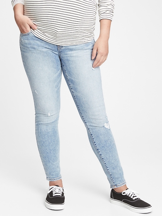 Image number 1 showing, Maternity True Waistband Full Panel Distressed Skinny Jeans With Washwell&#153