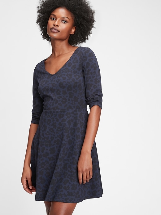 1 of 8 showing, with the color blue cheetah print of product Ponte Flare Dress