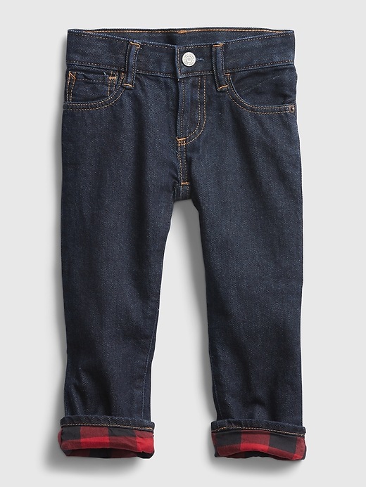 1 of 8 showing, with the color rinse washed indigo of product Toddler Plaid Lined Straight Jeans