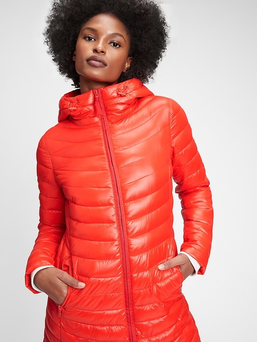 1 of 8 showing, with the color vermillion red of product Upcycled Lightweight Puffer Coat