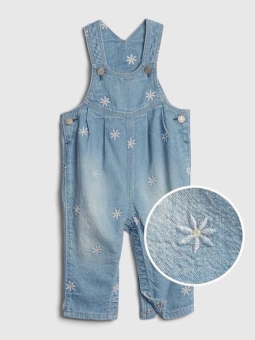 1 of 8 showing, with the color light wash indigo of product Baby Embroidered Denim Overalls