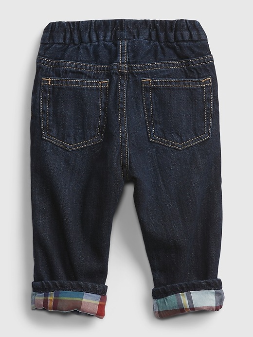 2 of 8 showing, with the color dark wash indigo of product Baby Pull-On Plaid Lined Straight Jeans
