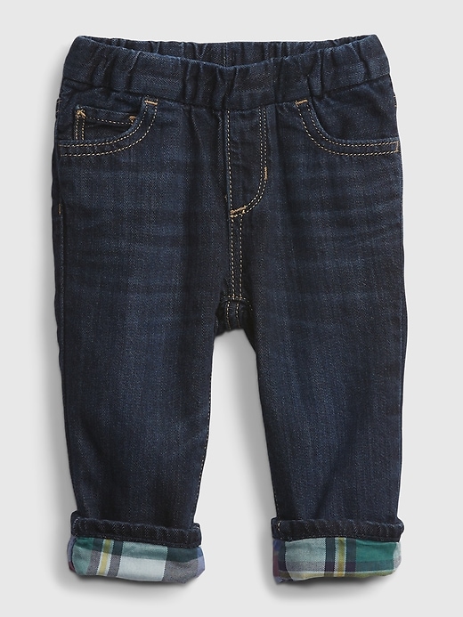 1 of 8 showing, with the color dark wash indigo of product Baby Pull-On Plaid Lined Straight Jeans