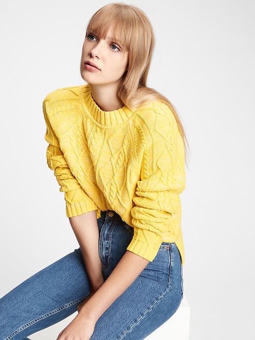 1 of 8 showing, with the color sunshine yellow of product Cable Knit Crewneck Sweater