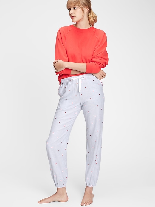 1 of 8 showing, with the color blue chambray & red hearts of product Adult Flannel Pajama Joggers