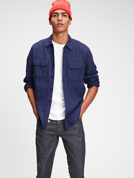 1 of 8 showing, with the color deep cobalt of product Double Flap Pocket Flannel Shirt in Standard Fit