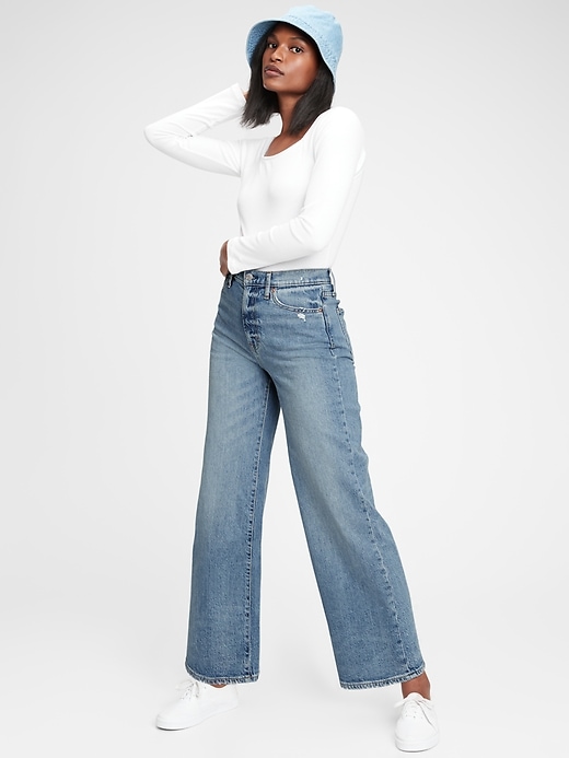 1 of 8 showing, with the color medium indigo of product Sky High Wide-Leg Jeans With Washwell™