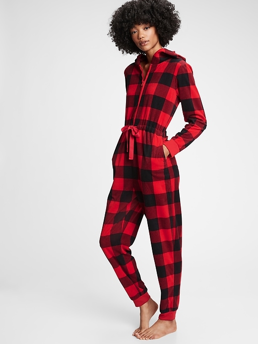 1 of 8 showing, with the color red buffalo check of product Adult Fleece Plaid One-Piece