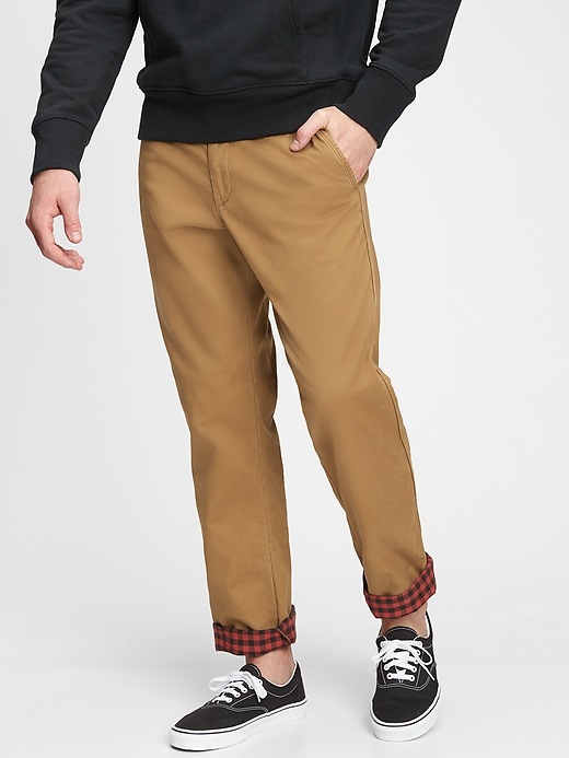 1 of 8 showing, with the color palomino brown of product Modern Khakis in Straight Fit and Flannel Lining with GapFlex