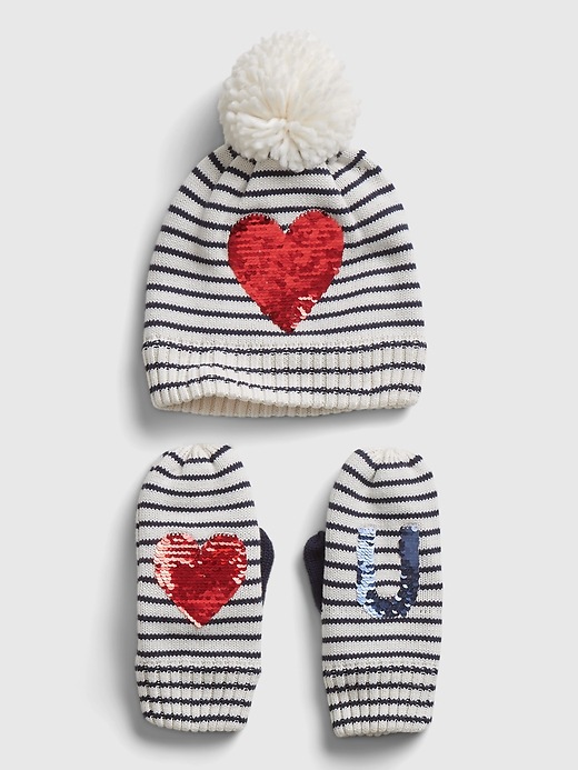 1 of 8 showing, with the color ivory navy stripe of product Kids Heart Graphic Hat and Mitten Set