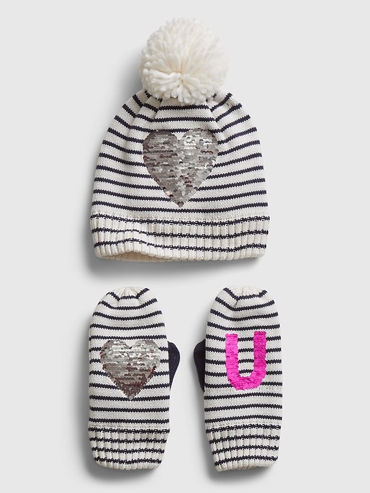 2 of 8 showing, with the color ivory navy stripe of product Kids Heart Graphic Hat and Mitten Set