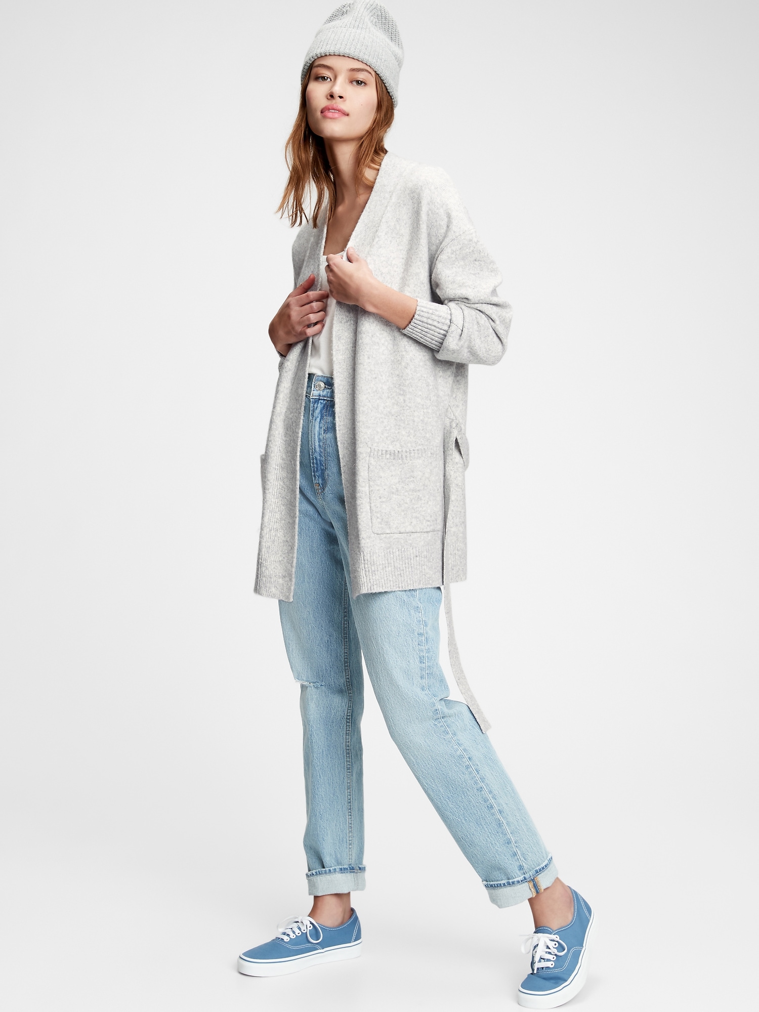 beige belted cardigan