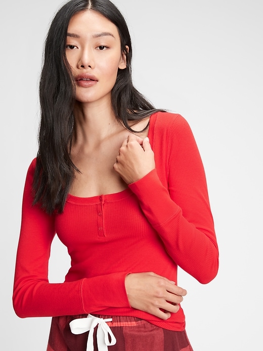1 of 8 showing, with the color pure red of product Adult Ribbed Drop Needle Henley T-Shirt