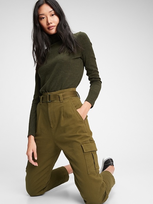 Image number 1 showing, High Rise Belted Cargo Khaki Pants