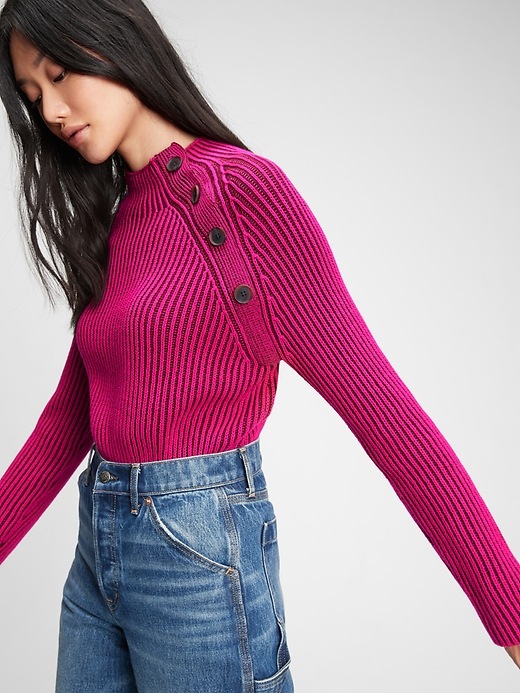 1 of 8 showing, with the color bright beet purple of product Asymmetrical Button Mockneck Raglan Sweater