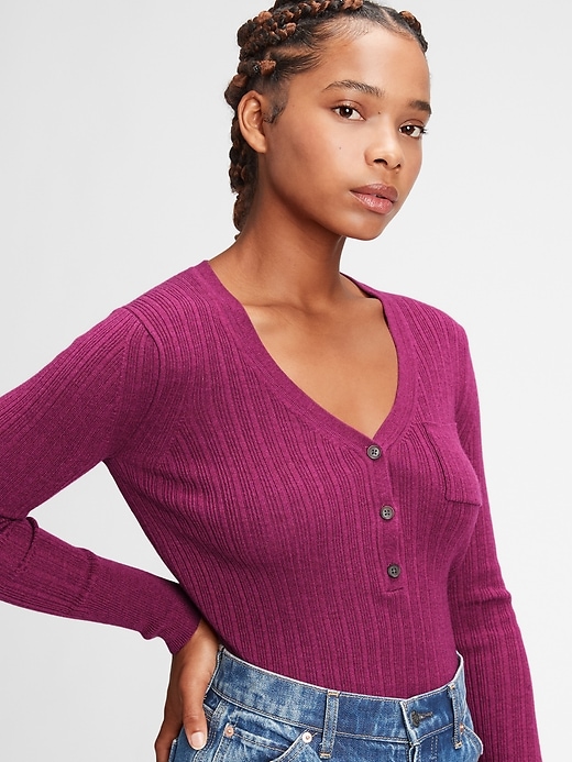View large product image 1 of 1. Ribbed Henley Pocket Sweater