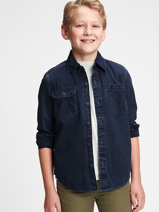 2 of 8 showing, with the color dark wash of product Kids Denim Shirt