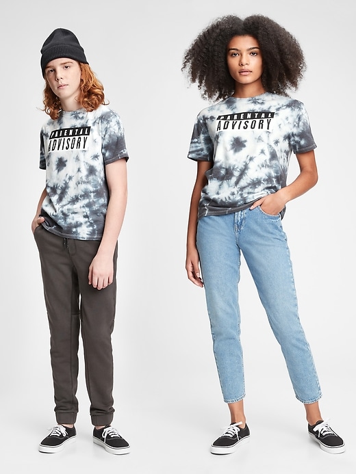 1 of 8 showing, with the color tie dye multi black of product Teen &#124 Parental Advisory Recycled Oversized Graphic T-Shirt