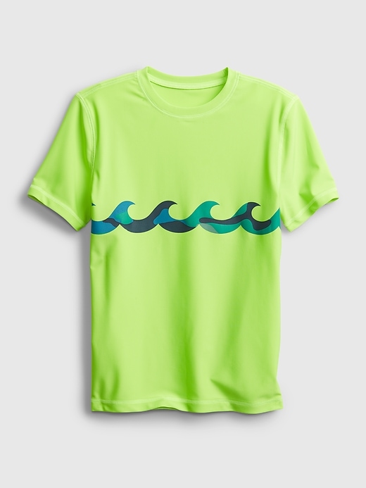 1 of 8 showing, with the color lime of product Kids Recycled Camo Wave Graphic Swim Rash Guard