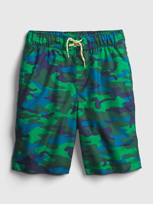 1 of 8 showing, with the color green camo of product Kids Recycled Polyester Camo Swim Board Shorts