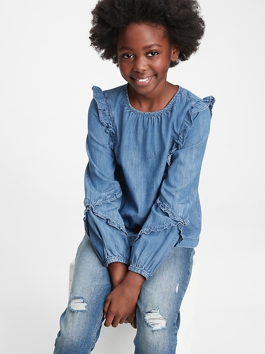2 of 8 showing, with the color medium wash of product Kids Denim Ruffle Shirt