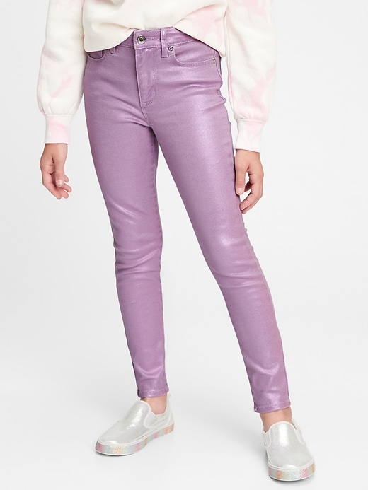 2 of 8 showing, with the color lavender of product Kids High Rise Foil Jeggings with Stretch