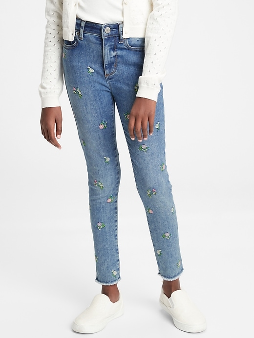 2 of 8 showing, with the color multi floral of product Kids High-Rise Skinny Ankle Embroidered Floral Jeggings with Max Stretch