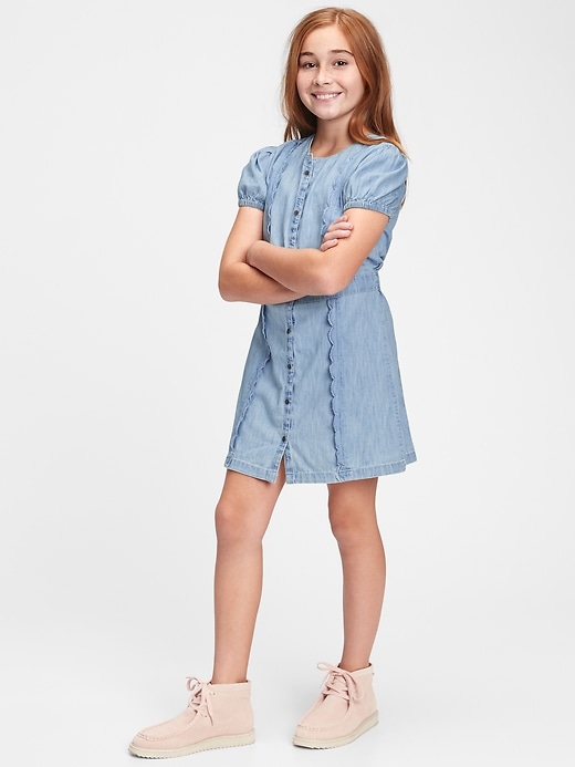 2 of 8 showing, with the color light wash of product Kids Scalloped Denim Dress